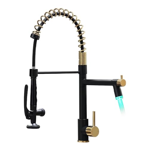Fapully LED Kitchen Faucet with Pull Down Sprayer Black&Gold Commercial Kitchen Faucet for Kitchen Sink
