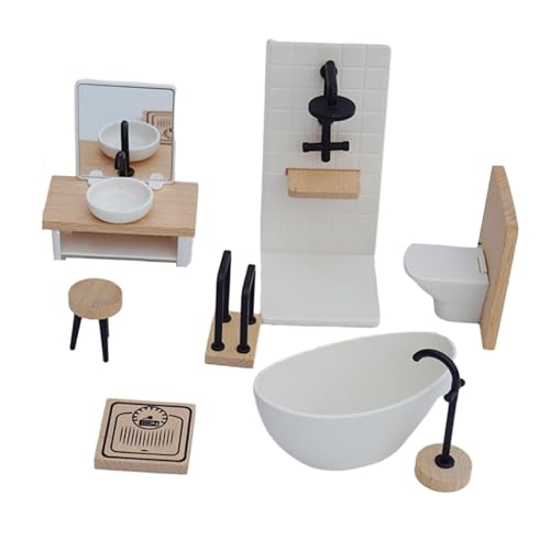 F Fityle 1/12 Puppenhaus Badezimmer Set, Dollhouse Bathroom Set, Miniatur Puppenhaus Möbel, Miniatur Badewanne Toilette Waschbecken Set für Kinder Pretend Spielzeug Puppenhaus Dekoration