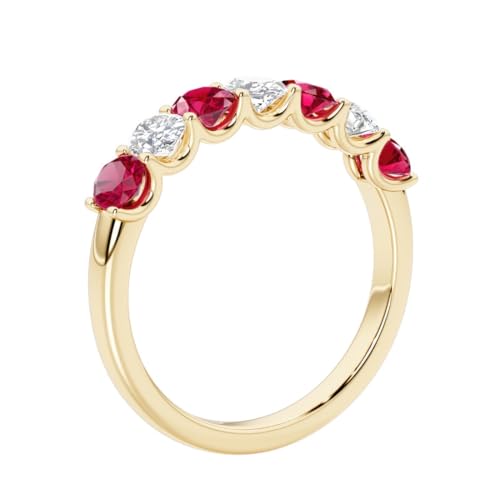 14k Solid White or Yellow Gold 1 Carat Alternating Oval Lab Grown Ruby and Diamond 7-Stone Ring Band for Women, July Birthstone, Wedding, Anniversary Ring, Sizes 4-103