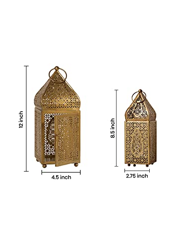 Serene Spaces Living Small Moroccan Gold Ornate Candle Lantern, Antique Gold Lantern, Decorative Candle Lantern Holders For Indian-Inspired Wedding, Eid, Ramadan, Events, 2.75" Dia & 8.5" Tall #TOP4