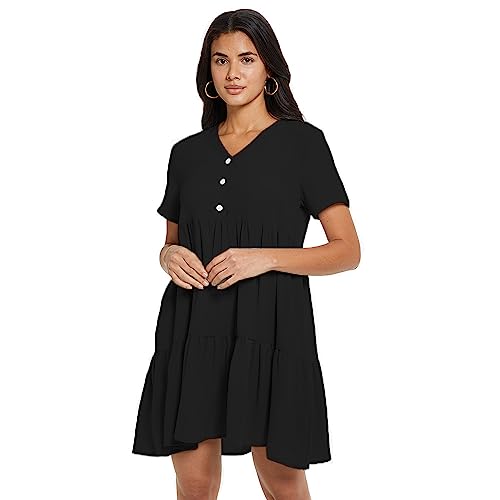 Vestido Verano Mujer Manga Corta Vestidos con Cuello en V Informal Vestido de Vestir T-Shirt con Medias Mangas Suelto Casual Elegante Blusa con Bolsillos