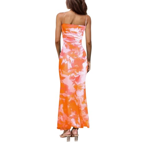 Image of Women's Spaghetti Strap Maxi Dress Floral Print Bodycon Long Dress Summer Beach Vacation Wedding Guest Outfits