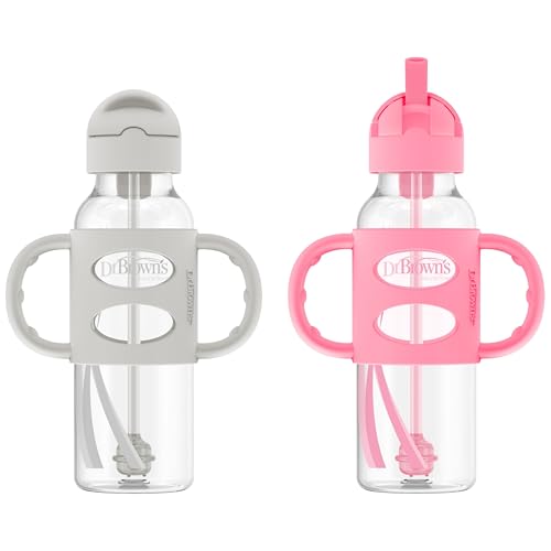 Image of Dr. Brown's Milestones Narrow Sippy Straw Bottle, Spill-Proof with 100% Silicone Handles and Weighted Straw, 8 oz/250 mL, Gray/Pink, 6m+