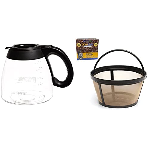 Mr. Coffee 12-Cup Replacement Decanter, Black, IDS13-RB & GOLDTONE Reusable 8-12 Cup Basket Coffee Filter fits Mr. Coffee Makers and Brewers, Replaces your Paper Coffee Filters, BPA Free