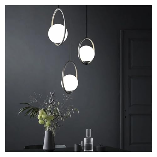 Suspension moderne boule de verre blanc et anneau or noir LED pour chambre