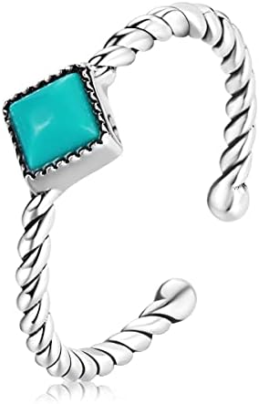 Qings Turquoise Ring Adjustable Open - Sterling Silver Stackable Statement Ring Blue Square Gemstone Twisted Rope Ring Vintage Boho Women Fashion Ring Western Wedding Jewelry Gifts