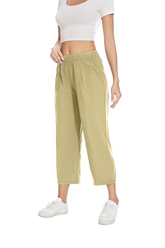 Calça feminina capri para ioga, folgada, macia, casual, com bolsos, Caqui, P