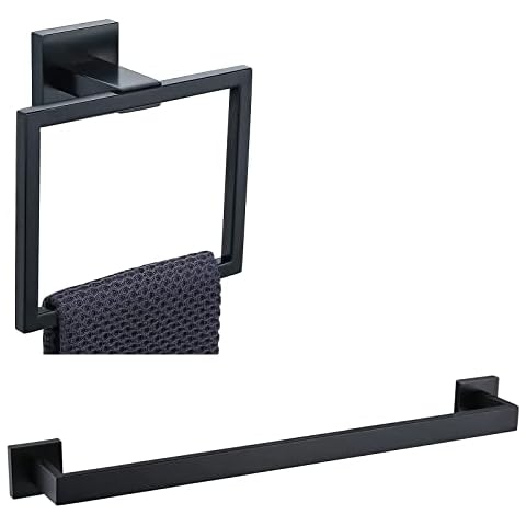 TQKAG Bathroom Square Towel Ring & Single Towel Bar Coat Robe Clothes for Kitchen Bath Stainless Steel Wall Mounted, Black Cover
