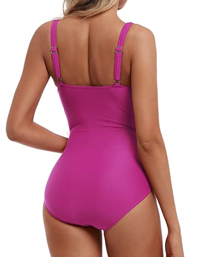 Firpearl Women Black One Piece Swimsuit Padded Push Up Ruched Tummy Control Swimwear 8 Rose Red