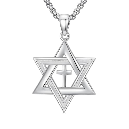 Lattd Star of David Cross Necklace 925 Sterling Sliver Jewish Star Pendant Necklace for Men Women, w/Stainless Steel Chain 22”+2”