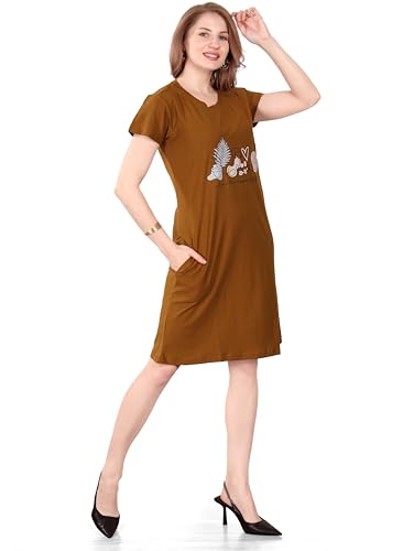 Image of Printed Knee Length Pocket Night Dresses for Women | Cat Lovers | Premium Soft Cotton Nighty | Sky Blue