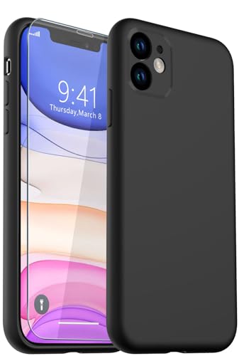 Coque iPhone 11 en silicone liquide noir avec protection d'écran en verre trempé 6.1 pouces