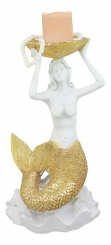 Ebros Gift Art Nouveau Ocean Marine Sea Siren Mermaid With Golden Tail Holding Sea Shell Candle Or Jewelry Holder Decor Figurine 10.25" Tall #TOP2