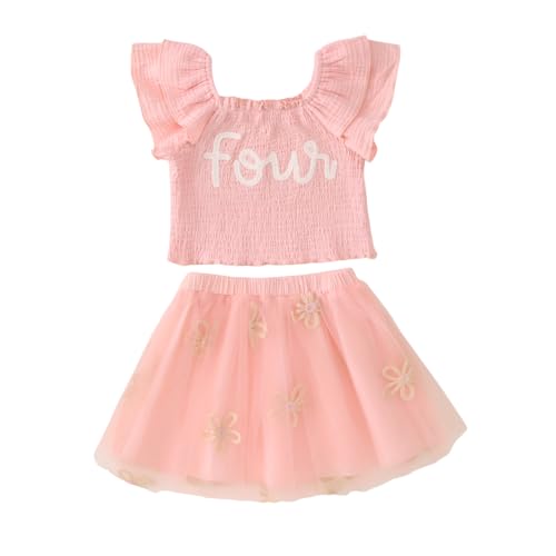 KEKEMI Toddler Girl Birthday Outfits 2nd 3rd 4th 5th 6th 7th Birthday Embroidery Shirt B-Day Tutu Skirt Set Cake Smash Outfit