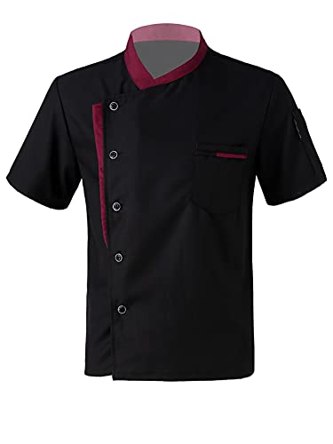 CHICTRY Unisexe Homme Femme Veste de Chef de Cuisine Manches Courtes Manteau de Cuisine Professionnel Uniforme de Cuisinier Vêtement de Cuisine Tenue de Travail Restaurant Hôtel Noir M