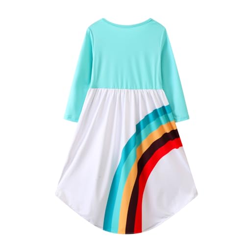 Image of Girl Fall Long Sleeve Dress Christmas Red Rainbow Twirly Skater Midi Party Dress