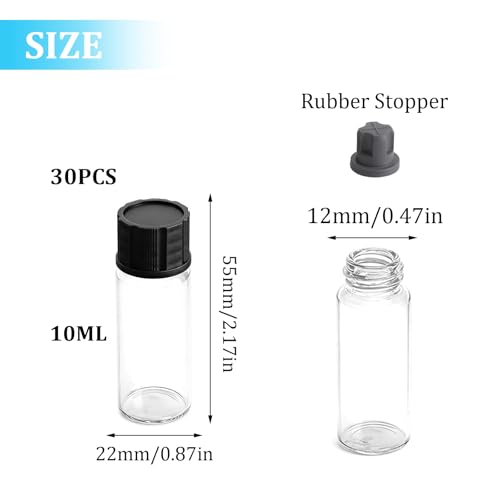 Glasfläschchen 10ml Set 30 Stück Probenröhrchen Mini Glasflaschen Kleine Fläschchen Auslaufsicher Borosilikatglas mit Schraubverschluss Stopfen Etiketten für Proben Flüssigkeit DIY Aufbewahrung