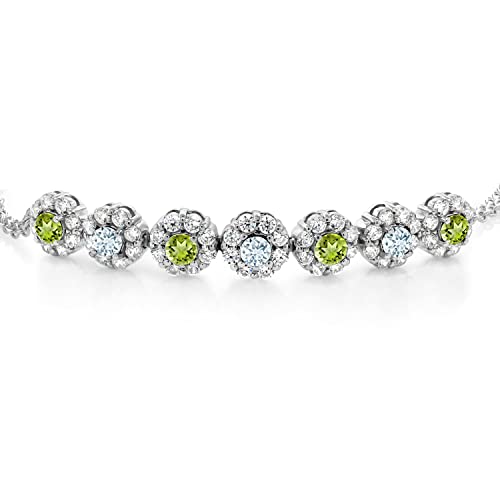 Gem Stone King 925 Sterling Silver Green Peridot and Sky Blue Aquamarine Tennis Bracelet For Women (2.18 Cttw, Gemstone August Birthstone, 7 Inch with 2 Inch Extender)2