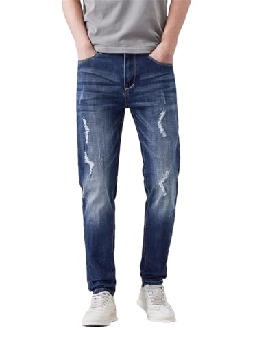 Hndudnff Men Ripped Stretch Jeans Streetwear Hip-Hop Trousers Slim Little Feet Distress Denim Pants