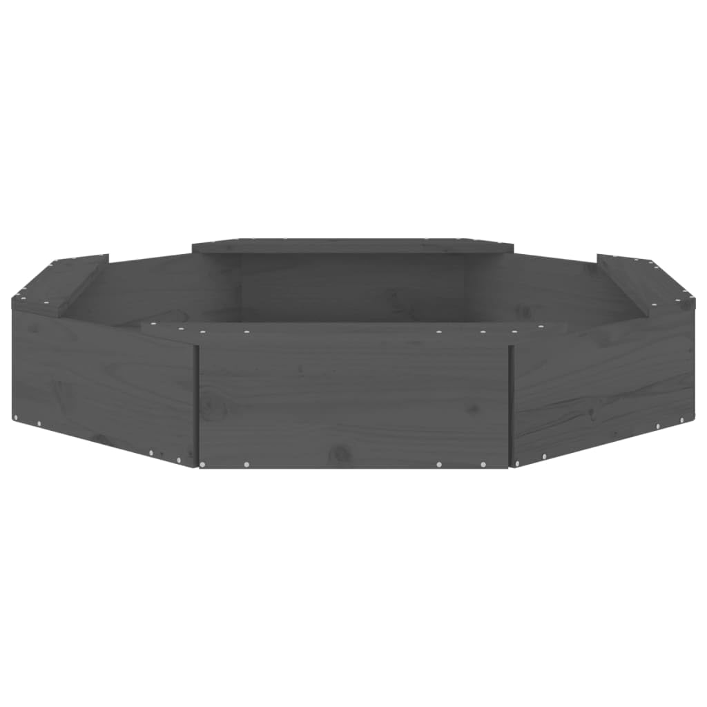 Grauer Sandkasten mit Sitzen aus massivem Kiefernholz achteckig 111 x 111 x 20 cm für 2 Kinder, bodenlos, Außenbereich für Garten, Terrasse, Hof und Balkon