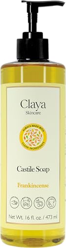 Claya Liquid Castile Soap Organic Ingredients, Biodegradable, Gentle for Sensitive Skin, Versatile Use (16 fl oz Pump Cap, Frankincense)