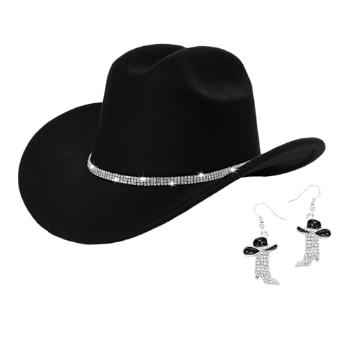 Crittygo Cowboy Hat for Women and Men, Sparkly Rhinestone Cowgirl Hat and Boot Earrings, Wide Brim Cowboy Hat for Western Theme Party Black