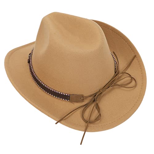 Western Cowboy Cowgirl Hat Felt Wide Brim Outdoor Classic Womens Mens Fedora Hats With Belt Buckle Camel #TOP3
