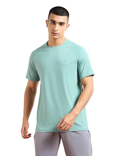 Image of TECHNOSPORT Men's Solid T-Shirt COTFLEX Quick Dry Slim Fit Round Neck Sports Tee for Gym Running Casual Wear UPF50+ Anti Odour