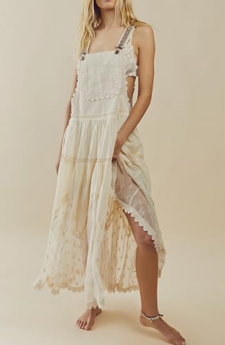 Image of CHARTOU Women Bib Overall Dress Jumper Babydoll Pinafore Dress Embroidered Lace Maternity Straps Suspender Dress