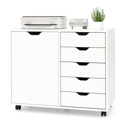 IFANNY Modern File Cabinet, White Lateral Filing Cabinet 5 Drawer with Universal Wheels, Wood Printer Stand with Storage, Rolling File Cabinets for Home Office, Living Dining Room, Bedroom, Kitchen Cover