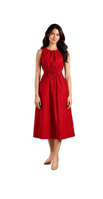 Sleeveless Midi Dress for Women Pure Cotton Waist Elastic Cut Casual Solid A-Line Summer Dress | Elastic Waist Cut Out Midi for Girls Party Stylish-image-17