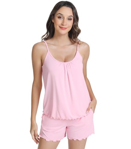 Image of NACHILA Women's Bamboo Viscose Pajama Shorts Sets-Cooling V Neck Cami Sleepwear, Soft Summer Camisoles Pjs Set with Pocket