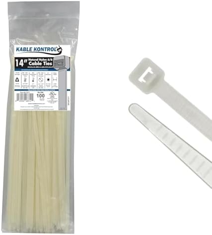 Kable Kontrol Heavy Duty Cable Zip Ties 100 Pcs 14 Inch, Natural White, 120 Lbs Tensile Strength, Self-Locking Nylon Clear Plastic Wire Ties Wraps for Indoor or Outdoor Use