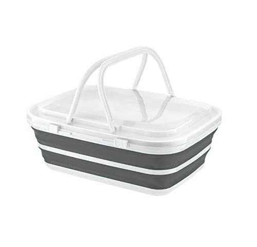 Aspect 9L Silicon Collapsible, Compact and Portable Picnic Basket box with Lid and Carrier with Ice Blocks | Convenient and easy storage | Ideal for Camping, Hiking, Casual Outdoor, Beach Day - Grey
