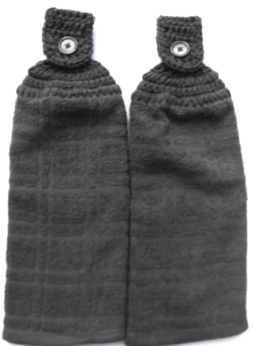 Set of 2 Matching Charcoal Gray Terry Cloth Kitchen Towels - Double Thick/Full with Handmade Crochet TOPPPERS