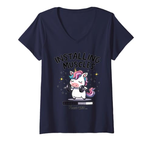 Damen Muskelaufbau Bitte warten Sie Gewichtstraining Einhorn T-Shirt mit V-Ausschnitt Damen Muskelaufbau Bitte warten Sie Gewichtstraining Einhorn T-Shirt mit V-Ausschnitt