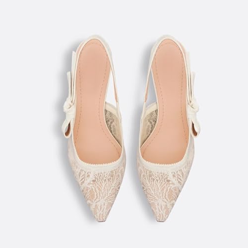 Goolita Pointed Closed Toe Embroidered Slingback Heels for Women, Bow Kitten Heels Mesh Pumps Backless Party Bridal Shoes for Wedding3