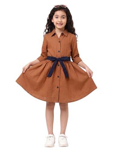 Image of A.T.U.N. (ALL THINGS UBER NICE) Girls 100% Cotton Shirt Dress with Belt | Solid Button-Down Dress with Collar Neck | Soft Breathable Kids Outfit for Girls