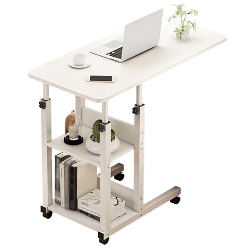 Multilayer Compact Overbed Table with Lockable Wheels, Adjustable Height, Portable Rolling Sofa Side Table for Laptop, Coffee, and Home Use(80x40cm)