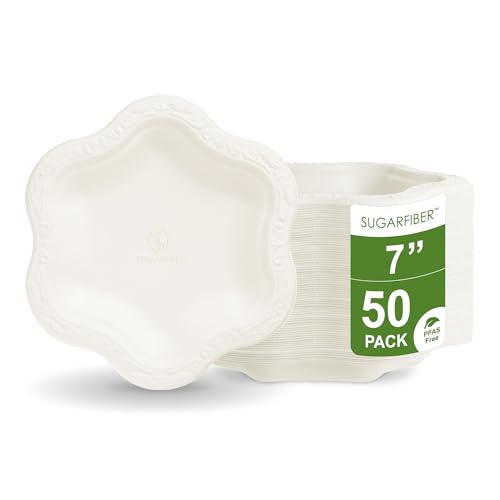 7 inch Elegant Compostable Paper Plates White Floral Acanthus Scalloped | Heavy-Duty,Food Containers,Microwavable,Natural,Sugarcane,Disposable,Bagasse,Eco Friendly,Wedding,Dessert,Round,Sugarfiber