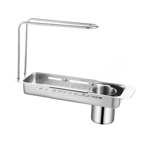 MoSundi Scaffale telescopico per lavello da cucina, in acciaio inox, regolabile, per sapone e spugna, 37-43 cm