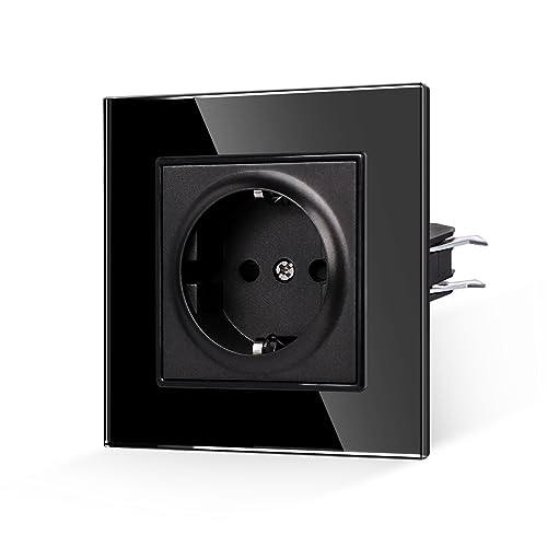 Prise JIMEIDA en verre noir 1 prise, 16 A - Plaque de verre trempé - Prise murale standard avec contact de protection - 86 mm - 250 V