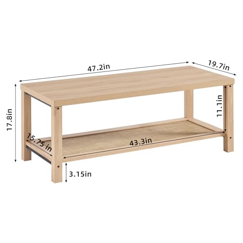 Lerliuo Boho Coffee Tables for Living Room, Rattan Center Table with Open Storage Shelf, Natural Wood — view 2