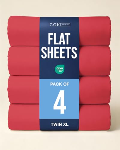 Twin XL Size Flat Sheet - Pack of 4 Top Flat Bed Sheet Only - Red