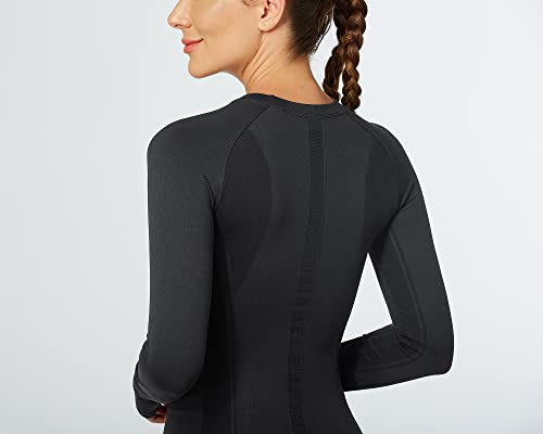 Mathcat Workout Shirts For Women Long Sleeve Yoga Shirt Quick Dry Gym Athletic Tops Seamless Compression Shirts Black #TOP2
