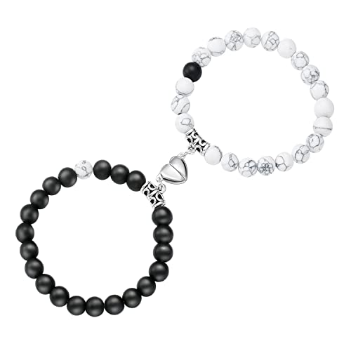 Bracelet magnétique coeur Queen et King Crown perles en pierre naturelle pour les couples, Bracelets élastiques d'amour en CZ couronnes roi et reine mates noir onyx ,cadeau d'amitié pour Partenaire Cover