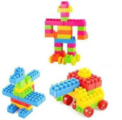 Image of Satsun Small Building Bricks and Blocks for Kids with Wheel Age 3+ (52 Blcok + 8 Tyres) 60 Pcs