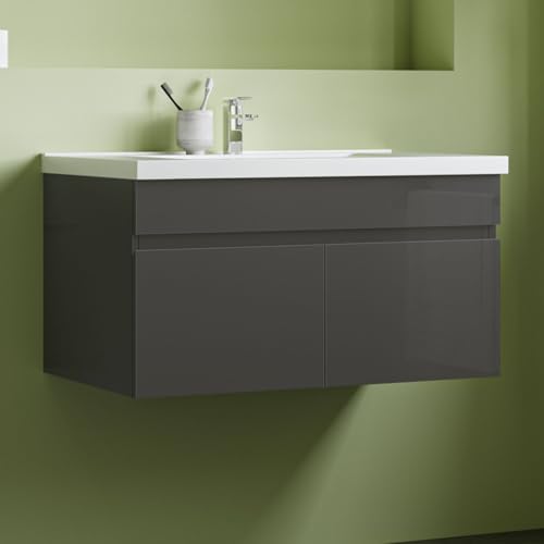 Waschtisch mit Unterschrank 80cm Bergen Badmöbel Set Hochglanz Anthrazit Keramik Waschbecken mit Unterschrank MDF Softclose Waschtisch mit Unterschrank 80cm Bergen Badmöbel Set Hochglanz Anthrazit Keramik Waschbecken mit Unterschrank MDF Softclose