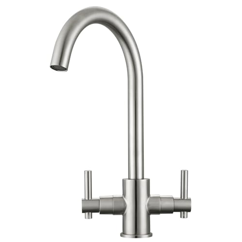 Peppermint Kitchen Sink Taps Mixers Traditional Dual Lever Monobloc Brushed Steel Kitchen Mixer Taps 1 Hole Twin Lever Kitchen Tap Brushed Nickle
