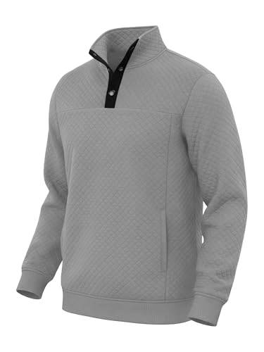 TUREFACE Men's Long Sleeve Quilted Sweatshirt Loose Fit Casual Cozy Pullover Clothes 2025 Trendy Fleece Button Down Tops,Gray,L